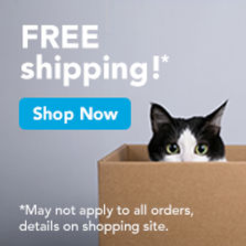 Button image of black and white cat in box links to discount prescriptions