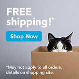 Button displaying cat in box that links to discount prescriptions