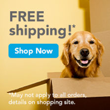 Button image of golden retriever dog in box links to discount prescriptions